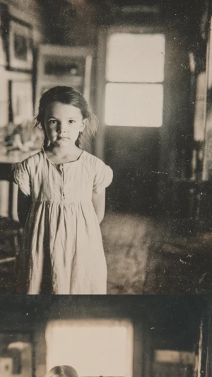 An early 1900s style photograph showing a small six-year-old gir...