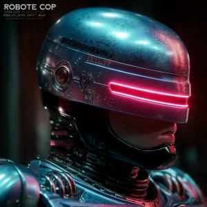 Smurfette "RoboCop-style armor" + "horizontal red LED visor":