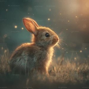 “ultra-realistic baby rabbit sitting in soft meadow grass, warm...