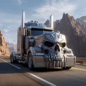 A highly detailed, chrome-plated semi-truck with a menacing skul...