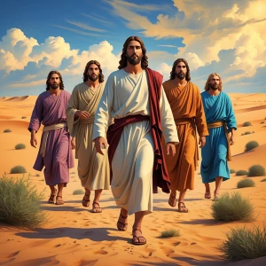 Cria 5 imagens de Jesus andando no deserto com proporção 9:16 be...