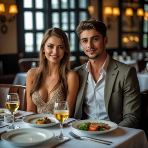 A beautiful young couple sitting in a beautiful fancy restaurant