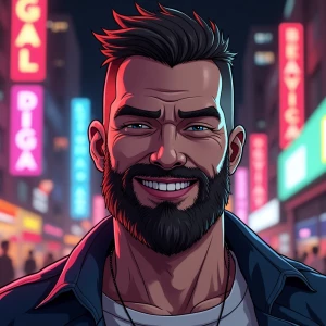 White muscular thin man with beard, big chin, smile and cheekbon...