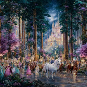 In the heart of an enchanted forest, shimmering fairies and maje...