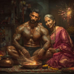 Hyperrealism,photo painting.a muscular beefy sweaty tattoed indi...