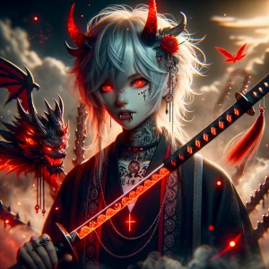 Anime style, beautiful female demon with messy white hair, glowi...