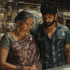 Hyperrealism,oil painting.a  mature gujarati mother in law in he...