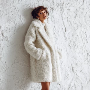 Create a Fluffy white sheep long texture fur coat with oversized...