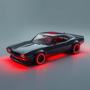 Generate an image of a futuristic muscle car inspired by a 1966...