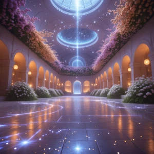 Shimmerstone Ballroom: A vast domed hall unfolds in soft radianc...