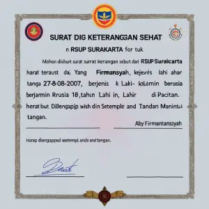 Mohon dibuatkan surat keterangan sehat dari RSUP Surakarta untuk...