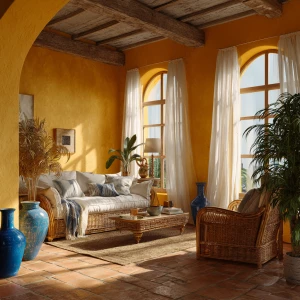 Create a Mediterranean living room interior with ochre yellow wa...