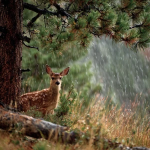 Heavy rain beginning to fall across Rocky Mountain meadow, baby...