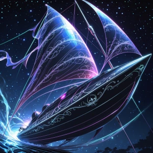 A celestial glam-goth solar sailer shimmering with ethereal beau...