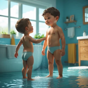 a full body anamically correct boy standing up with dad bathing