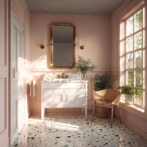 Generate an image of a small pastel pink bathroom with a terrazz...