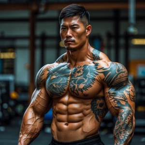 Tall muscular Asian man with tattoos