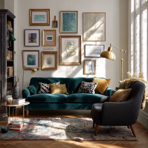 Create an eclectic living room editorial scene with the followin...