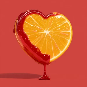 Generate me an image of a orange that shaped like a heart and it...