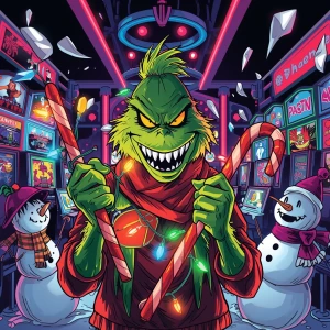 GTA-style cartoon Grinch as a green furry mastermind thief, wick...