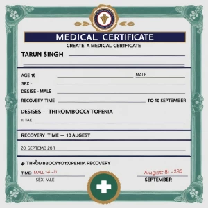 Create a medical certificate of Tarun Singh, Age -19, Sex -male,...