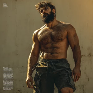 "The man's muscular frame is accentuated by the sunlight glintin...