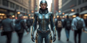 A sleek time traveler clad in futuristic metallic armor, their o...