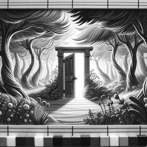 Make a monochrome drawing with a door in the middle, surrounded...