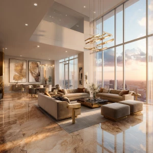 ultra-realistic photo of a luxurious penthouse apartment, floor-...