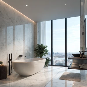 Design a modern penthouse bathroom featuring panoramic city view...