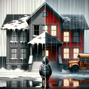 Draw a school with a dark kind of art style with black, grey and...