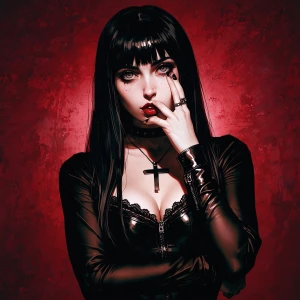 Sexy gothic woman imitates jerking off a dick