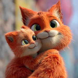 Humanoid cat mother with red-orange fur holding her baby humanoi...