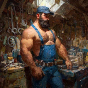 Imagine a muscular and very hairy handyman without a shirt, dres...
