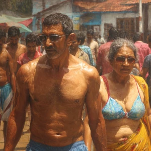 Hyperrealism, oil painting,a muscular beefy kerela man walking ,...