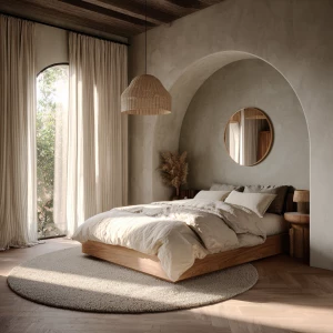 Photo-realistic interior of an organic-curves bedroom, wide-angl...