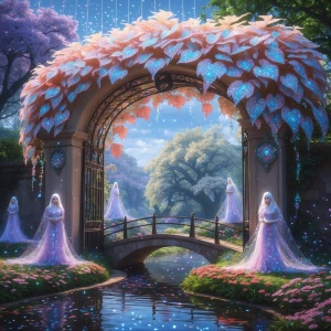 Describe the opal-leafed gatehouse of a mansion: The front gate...