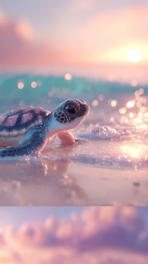 A baby sea turtle named Tika, crawling gently across soft, wet s...