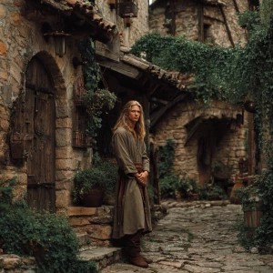 Create a realistic full-length photo in a medieval village style...