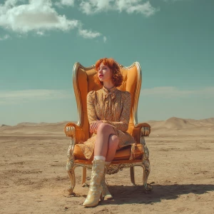 Redhead supermodel sitting on a luxury chair in the middle of a...