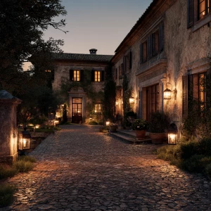 Create an image of an Italian villa exterior at twilight with wa...