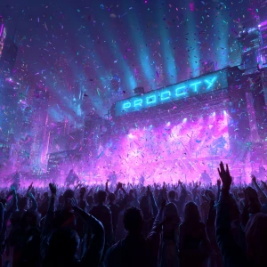 Crowd of diverse futuristic avatars celebrating at a digital con...