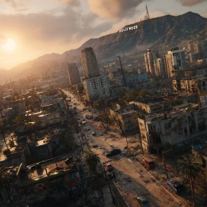 A low street view wide-angle, cinematic shot of a dystopian Los...