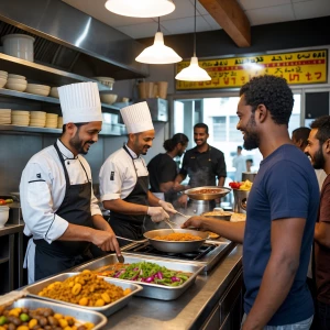 Small ethiopian cafe men chef cooking food in open kitchen and g...