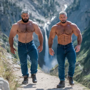 Generate an image of two muscular men with gray-black hair and b...