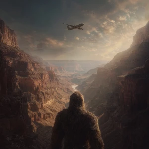 A large humanoid looking hair covered sasquatch looking up to a...