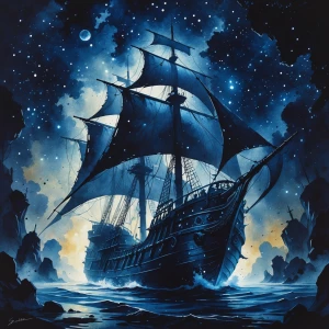A shadowy galleon sails through a stygian galaxy, its ancient ti...