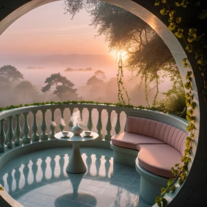 Create an image of a secluded circular balcony made of shimmerin...