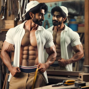 Generate an image of a muscular handsome well groomed and hairy...