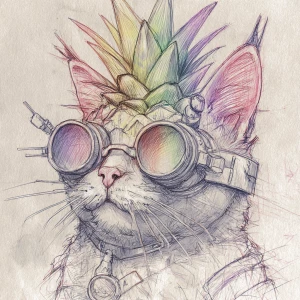 A steam punk sketch of a cat mixed with a pineapple. Sunglasses,...